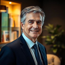 A stunning portrait photo of a middle-aged man with salt and pepper hair, exuding confidence and wisdom