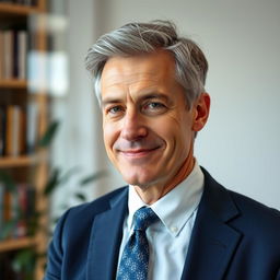 A stunning portrait photo of a middle-aged man with salt and pepper hair, exuding confidence and wisdom