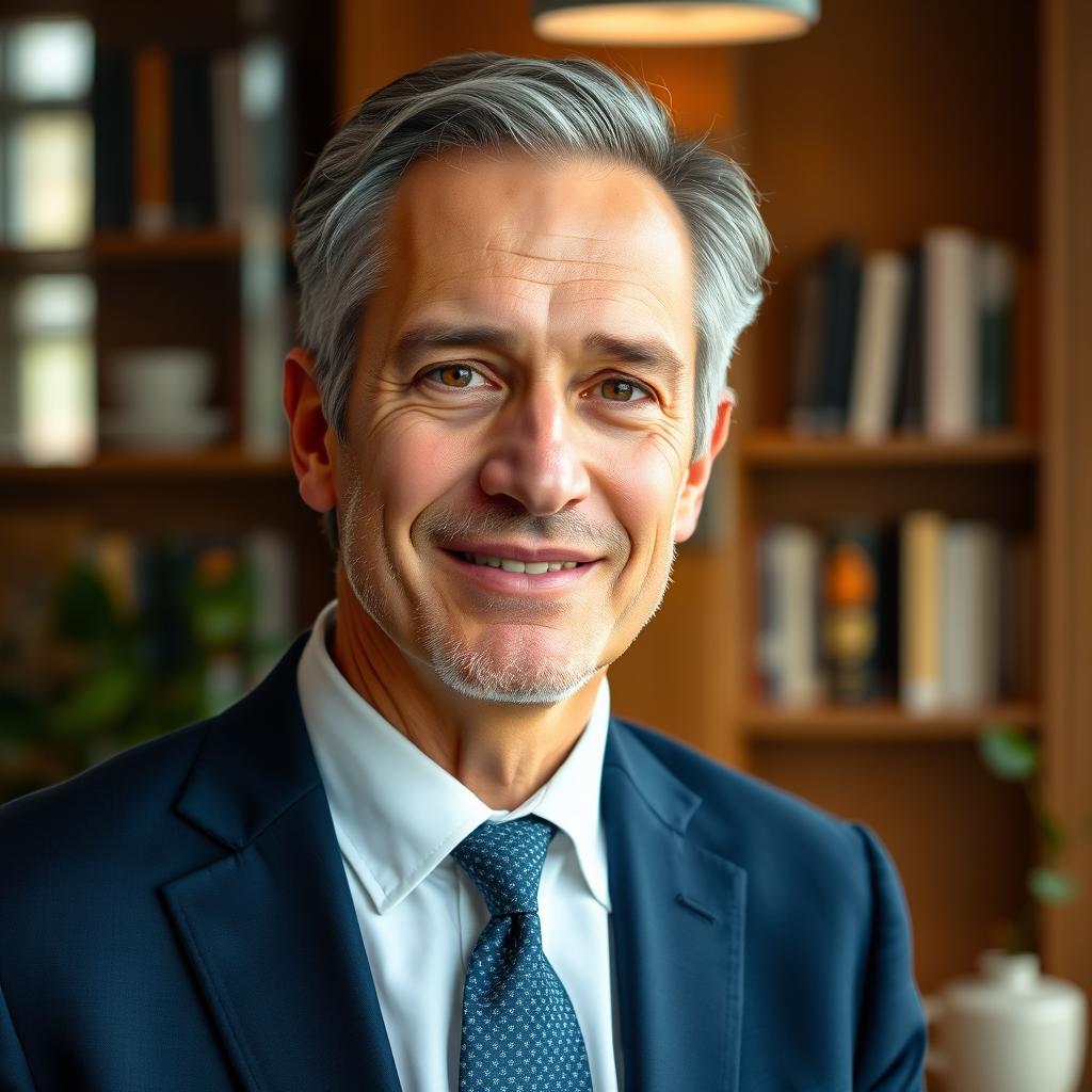 A stunning portrait photo of a middle-aged man with salt and pepper hair, exuding confidence and wisdom