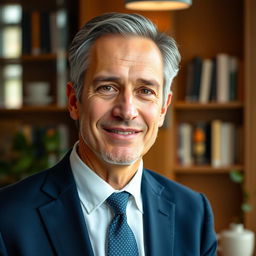 A stunning portrait photo of a middle-aged man with salt and pepper hair, exuding confidence and wisdom