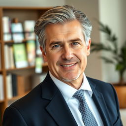 A stunning portrait photo of a middle-aged man with salt and pepper hair, exuding confidence and wisdom