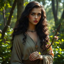 A beautiful half-elf Druid woman with long, curly black hair flowing gracefully around her shoulders, striking lilac eyes that radiate wisdom and connection to nature, and fair skin that glows softly