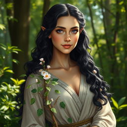 A beautiful half-elf Druid woman with long, curly black hair flowing gracefully around her shoulders, striking lilac eyes that radiate wisdom and connection to nature, and fair skin that glows softly