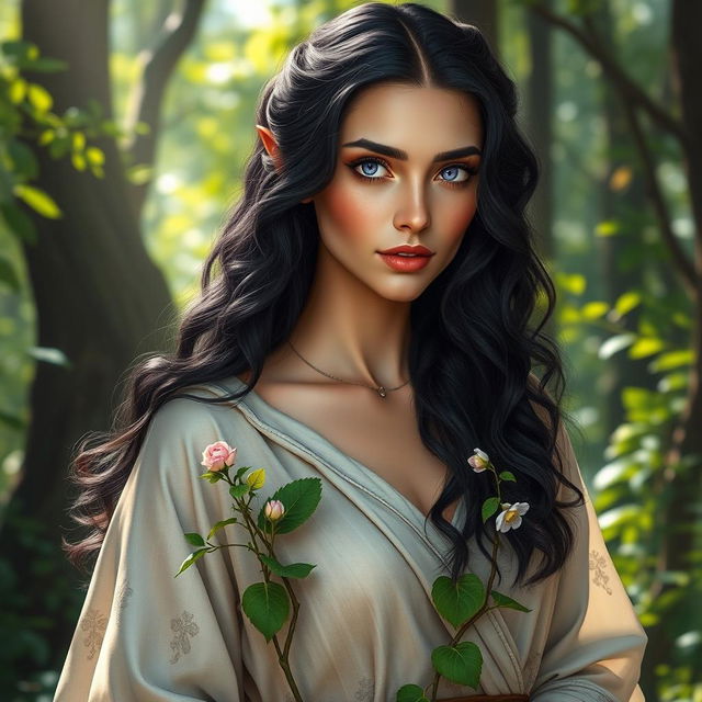 A beautiful half-elf Druid woman with long, curly black hair flowing gracefully around her shoulders, striking lilac eyes that radiate wisdom and connection to nature, and fair skin that glows softly