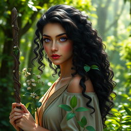 A beautiful half-elf Druid woman with long, curly black hair flowing gracefully around her shoulders, striking lilac eyes that radiate wisdom and connection to nature, and fair skin that glows softly