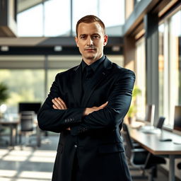 A solitary man dressed in a sharp black suit, standing confidently in a well-decorated office space