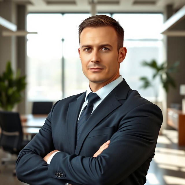 A solitary man dressed in a sharp black suit, standing confidently in a well-decorated office space