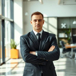 A solitary man dressed in a sharp black suit, standing confidently in a well-decorated office space