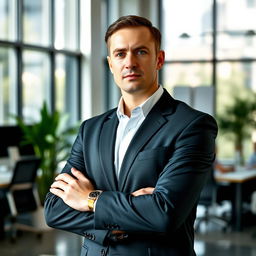A solitary man dressed in a sharp black suit, standing confidently in a well-decorated office space