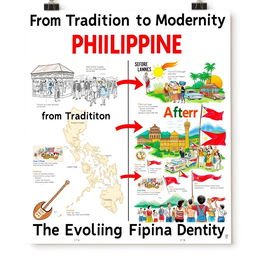 A creative 1/8 illustration board poster illustrating the social, cultural, and political changes in the Philippines using a 'before and after' format