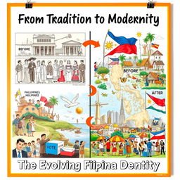 A creative 1/8 illustration board poster illustrating the social, cultural, and political changes in the Philippines using a 'before and after' format