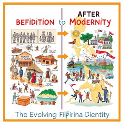 A creative 1/8 illustration board poster illustrating the social, cultural, and political changes in the Philippines using a 'before and after' format