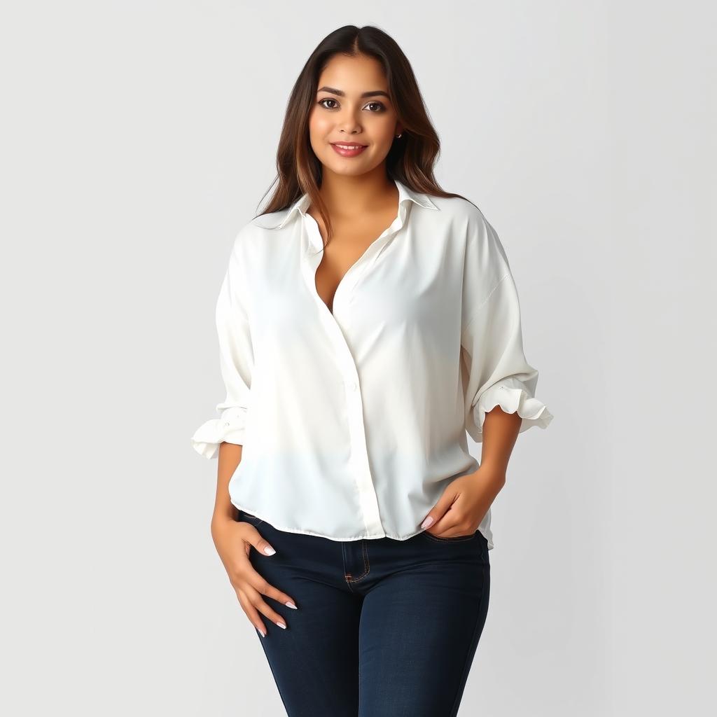 A beautiful Indonesian woman named Julia Verity with an hourglass figure, wearing a loose-fitting white blouse that drapes elegantly over her body, providing a relaxed yet stylish look