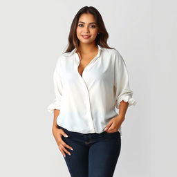 A beautiful Indonesian woman named Julia Verity with an hourglass figure, wearing a loose-fitting white blouse that drapes elegantly over her body, providing a relaxed yet stylish look