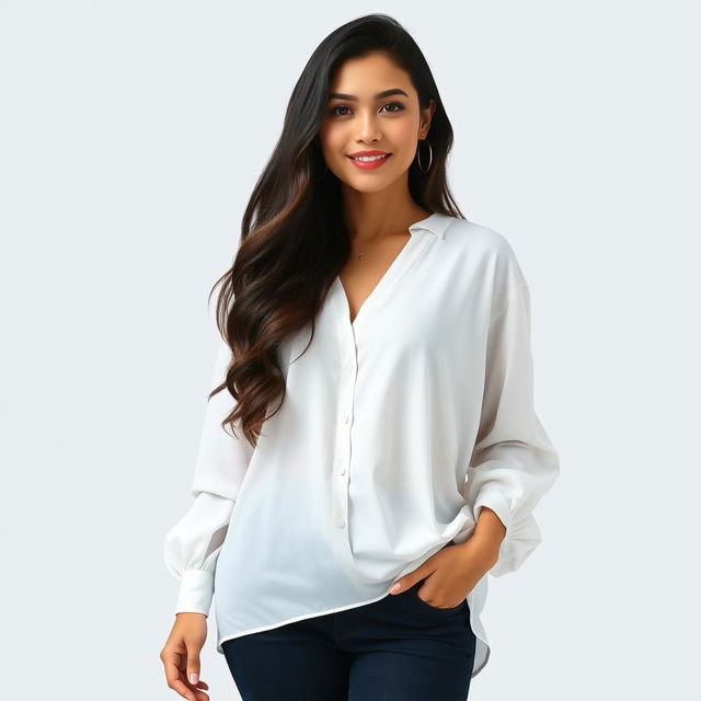 A beautiful Indonesian woman named Julia Verity with an hourglass figure, wearing a loose-fitting white blouse that drapes elegantly over her body, providing a relaxed yet stylish look