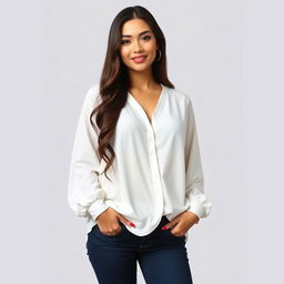 A beautiful Indonesian woman named Julia Verity with an hourglass figure, wearing a loose-fitting white blouse that drapes elegantly over her body, providing a relaxed yet stylish look