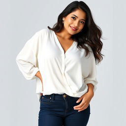 A beautiful Indonesian woman named Julia Verity with an hourglass figure, wearing a loose-fitting white blouse that drapes elegantly over her body, providing a relaxed yet stylish look