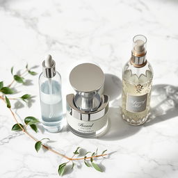 A beautifully arranged set of three skincare products on a luxurious marble countertop
