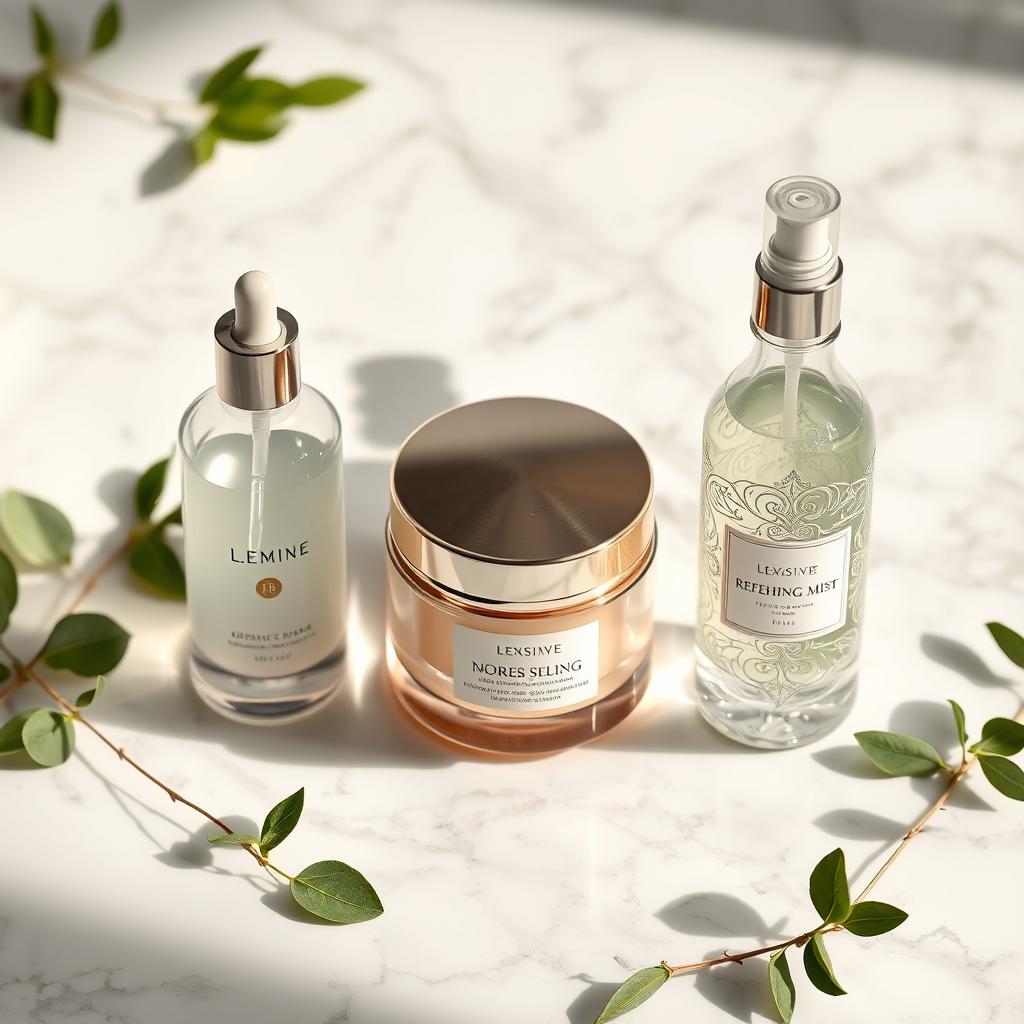 A beautifully arranged set of three skincare products on a luxurious marble countertop