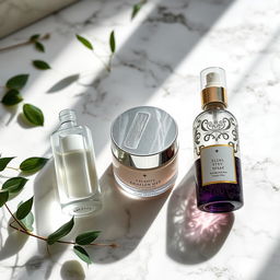 A beautifully arranged set of three skincare products on a luxurious marble countertop