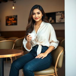 A beautiful Indonesian woman named Julia Verity with an hourglass figure, sitting at a café while enjoying a cup of coffee