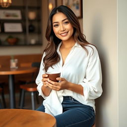 A beautiful Indonesian woman named Julia Verity with an hourglass figure, sitting at a café while enjoying a cup of coffee