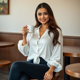 A beautiful Indonesian woman named Julia Verity with an hourglass figure, sitting at a café while enjoying a cup of coffee
