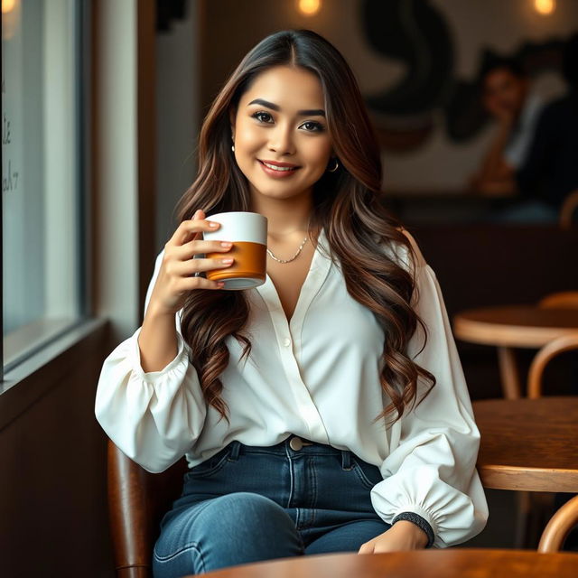 A beautiful Indonesian woman named Julia Verity with an hourglass figure, sitting at a café while enjoying a cup of coffee