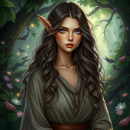 A half-elf druid woman with long, wavy, curly hair cascading over her shoulders, featuring mesmerizing lilac eyes