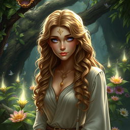 A half-elf druid woman with long, wavy, curly hair cascading over her shoulders, featuring mesmerizing lilac eyes