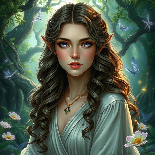 A half-elf druid woman with long, wavy, curly hair cascading over her shoulders, featuring mesmerizing lilac eyes