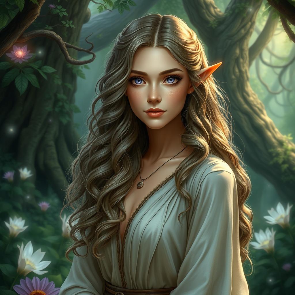 A half-elf druid woman with long, wavy, curly hair cascading over her shoulders, featuring mesmerizing lilac eyes