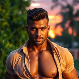 A handsome man with dark skin, strong facial features, wearing a stylish, casually unbuttoned shirt that showcases his well-defined muscles