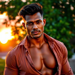 A handsome man with dark skin, strong facial features, wearing a stylish, casually unbuttoned shirt that showcases his well-defined muscles