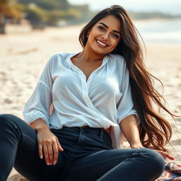 A beautiful Indonesian woman named Julia Verity with stunningly large breasts, wearing a neatly styled loose white blouse that drapes elegantly over her figure