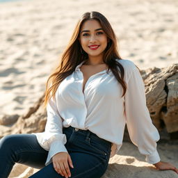 A beautiful Indonesian woman named Julia Verity with stunningly large breasts, wearing a neatly styled loose white blouse that drapes elegantly over her figure