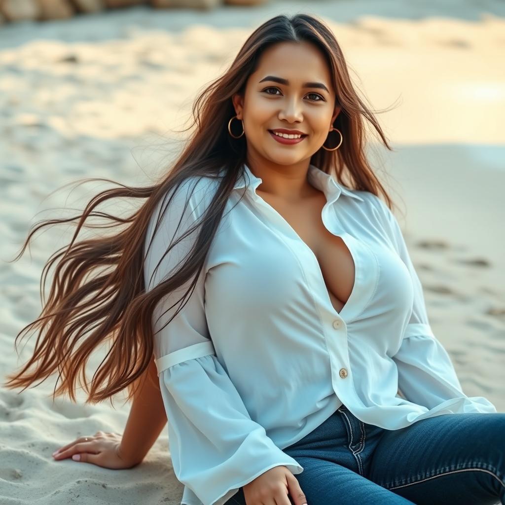 A beautiful Indonesian woman named Julia Verity with stunningly large breasts, wearing a neatly styled loose white blouse that drapes elegantly over her figure