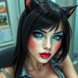 A beautiful 19-year-old with pale skin and striking black hair, showcasing crystal blue eyes adorned with bright frosted pastel blue eyeshadow, thick black eyeliner, and long eyelashes enhanced by thick black mascara