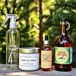 A beautifully arranged display of four natural products from Goose Spray Company, all presented in a scenic pine forest setting