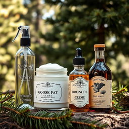 A beautifully arranged display of four natural products from Goose Spray Company, all presented in a scenic pine forest setting