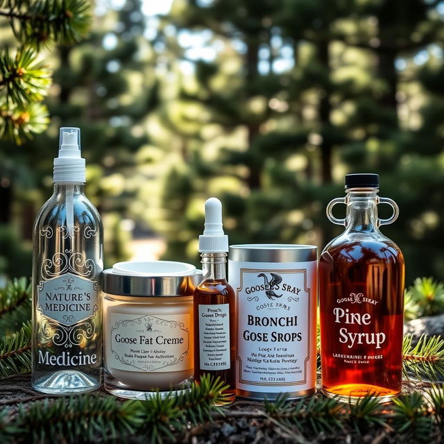 A beautifully arranged display of four natural products from Goose Spray Company, all presented in a scenic pine forest setting