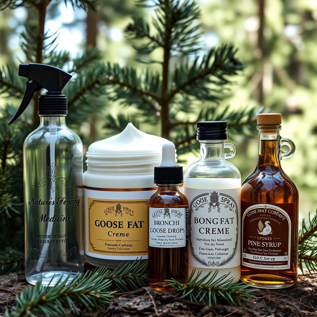 A beautifully arranged display of four natural products from Goose Spray Company, all presented in a scenic pine forest setting