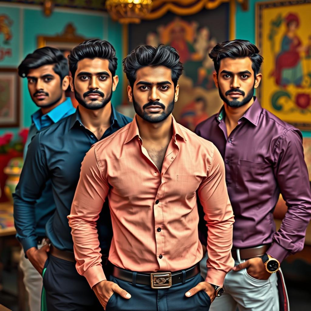 Elegant Indian men wearing stylish shirts that accentuate their physique, projecting an aura of sophistication and charm