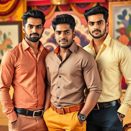 Elegant Indian men wearing stylish shirts that accentuate their physique, projecting an aura of sophistication and charm