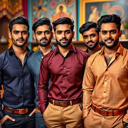 Elegant Indian men wearing stylish shirts that accentuate their physique, projecting an aura of sophistication and charm