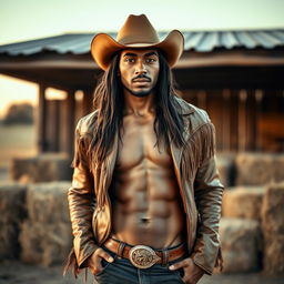 An African American man with brown eyes and long straight flowing hair is posing confidently