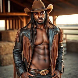 An African American man with brown eyes and long straight flowing hair is posing confidently
