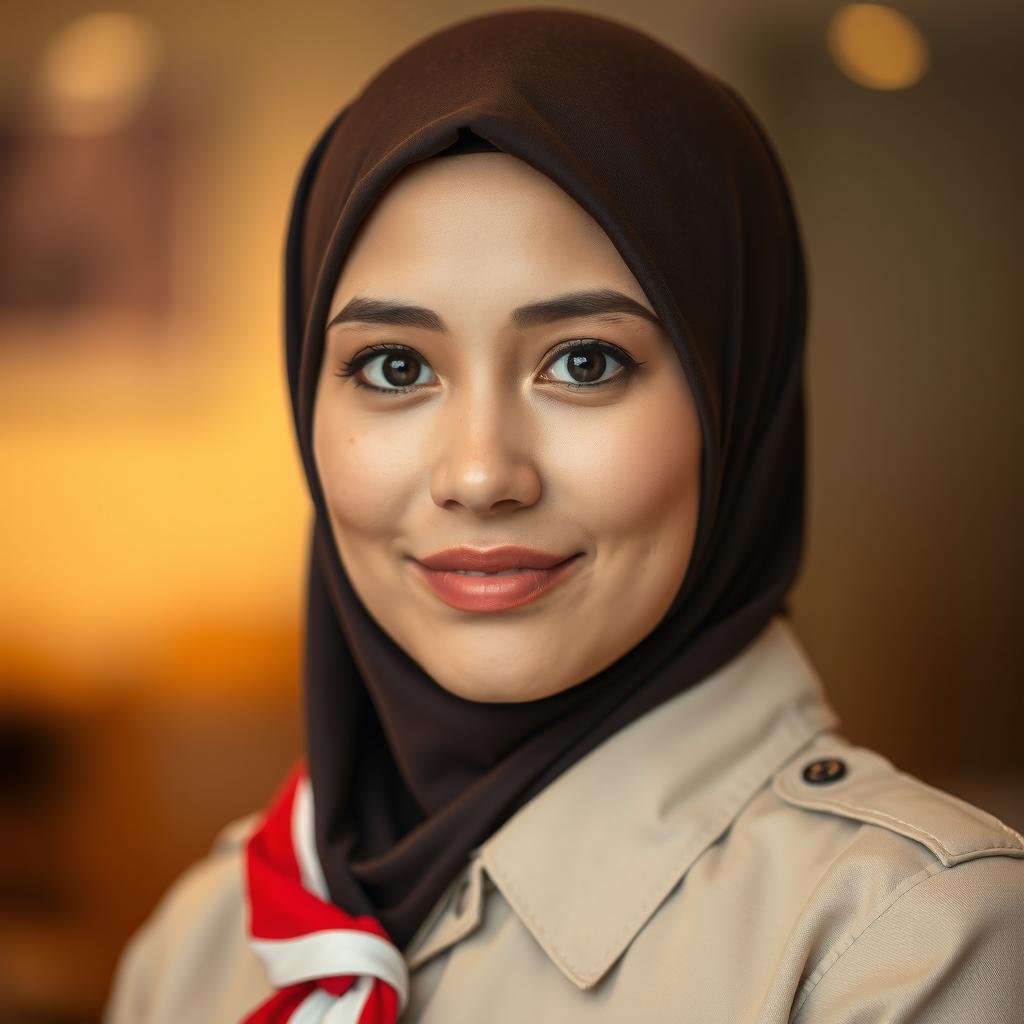 A close-up portrait of a woman wearing a dark brown hijab and a beige uniform with a red and white scarf draped around her neck