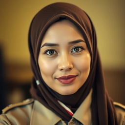 A close-up portrait of a woman wearing a dark brown hijab and a beige uniform with a red and white scarf draped around her neck