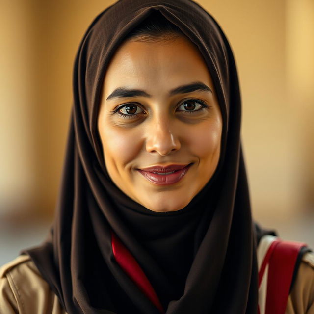 A close-up portrait of a woman wearing a dark brown hijab and a beige uniform with a red and white scarf draped around her neck